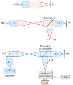 FIGURE 1. The standard architecture of most commercial microscope systems (top) consists of a high-numerical-aperture (NA) objective lens (L1), and a low-NA tube lens (top). The researchers&rsquo; design (center) adds a second high-NA objective lens, a mirror (M1), and a beamsplitter (BS). The fast, remote-focusing architecture is combined with a real-time Nipkow-disc confocal microscope in a system (bottom) that also includes an extra mirror (m2) near the pupil plane of Lens1. A laser provides illumination, and a polarizing beamsplitter and quarter-wave plate ( &lambda;/4) direct illumination light through the system into the specimen and back through to the confocal microscope.