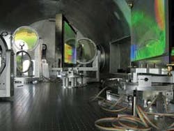 A pulse-compression chamber uses 40 × 80 cm diffraction gratings to compress the laser pulse from a few nanoseconds to 167 fs. The diffraction gratings are some of the largest in the world. A pulse-compression chamber uses 40 × 80 cm diffraction gratings to compress the laser pulse from a few nanoseconds to 167 fs. The diffraction gratings are some of the largest in the world.