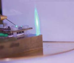 An InGaN-based laser diode emits at 500 nm (blue-green). Further reducing the threshold current density will result in lasers with even longer wavelengths; reaching 520 nm (green) will make lasers like these a key component in miniature projectors. An InGaN-based laser diode emits at 500 nm (blue-green). Further reducing the threshold current density will result in lasers with even longer wavelengths; reaching 520 nm (green) will make lasers like these a key component in miniature projectors.