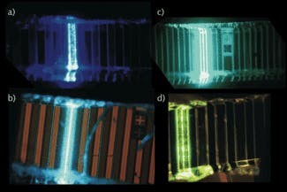 FIGURE 3. Spectral peaks are a) 424 nm, b) 490 nm, c) 515 nm, and d) 550 nm for various laser-diode bars under electrical subthreshold injection of a single stripe. Stripes are 3 to 10 &micro;m wide and 1 to 2 mm long. Different schemes of electrical confined injection are applied in these polar structures on sapphire.