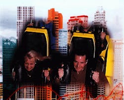 FIGURE 1. Picture overlay shows riders with theme background for the Manhattan Express roller coaster at the New York, New York Hotel & Casino (Las Vegas, NM). FIGURE 1. Picture overlay shows riders with theme background for the Manhattan Express roller coaster at the New York, New York Hotel & Casino (Las Vegas, NM).