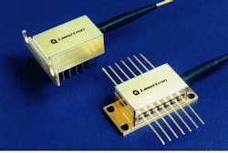 Standard dual-in-line long-wavelength diode laser (left) operates at 1310 to 1510 nm (1.3-1.51 µm). Standard butterfly DFB diode laser (right) operates at 1510 to 1550 nm (1.51-1.55 µm). Both are suitable for SONET transmission or optical supervisory channel applications. Standard dual-in-line long-wavelength diode laser (left) operates at 1310 to 1510 nm (1.3-1.51 µm). Standard butterfly DFB diode laser (right) operates at 1510 to 1550 nm (1.51-1.55 µm). Both are suitable for SONET transmission or optical supervisory channel applications.