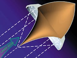 FIGURE 2. Wire-guided Lightcraft is illuminated by a pulse from a high-power CO2 laser. FIGURE 2. Wire-guided Lightcraft is illuminated by a pulse from a high-power CO2 laser.