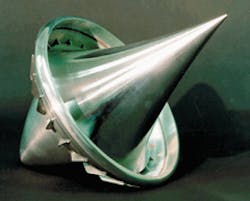 FIGURE 1. Lightcraft vehicle (from the rear) with parabolic reflector works via a directed, then reflected, high-power laser beam. FIGURE 1. Lightcraft vehicle (from the rear) with parabolic reflector works via a directed, then reflected, high-power laser beam.