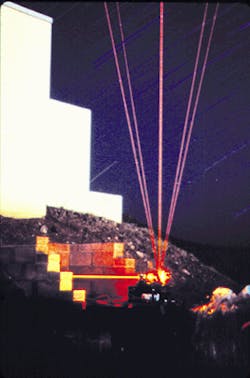 Laser-induced fluorescence from sodium atoms at altitudes between 80 and 105 km has been used to determine density, temperature, and wind velocity. In this experiment, run by the remote-sensing group at the University of Illinois, the transmitter beam is moved to several different positions to determine the three components of the wind velocity. The fully steerable, 3.5-m receiving telescope is housed in the building to the left. Laser-induced fluorescence from sodium atoms at altitudes between 80 and 105 km has been used to determine density, temperature, and wind velocity. In this experiment, run by the remote-sensing group at the University of Illinois, the transmitter beam is moved to several different positions to determine the three components of the wind velocity. The fully steerable, 3.5-m receiving telescope is housed in the building to the left.