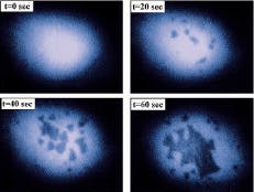 FIGURE 2. Electroluminescence images show how defects develop rapidly in ZnSe diode laser.
