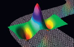 Visualization based on computer model shows wave function of partially localized electron at alkane-metal interface. Visualization based on computer model shows wave function of partially localized electron at alkane-metal interface.
