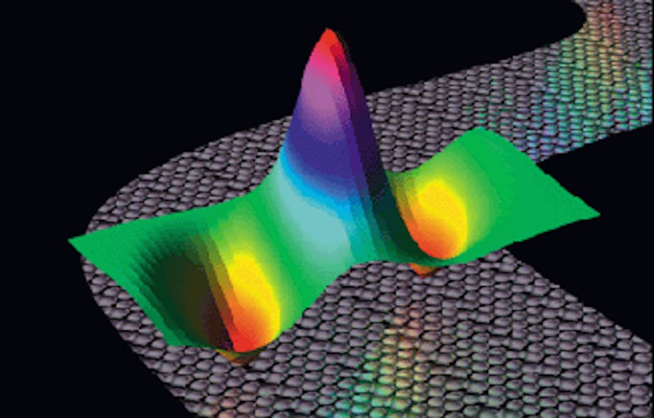 Visualization based on computer model shows wave function of partially localized electron at alkane-metal interface.