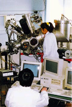 FIGURE 2. Molecular-beam epitaxy (MBE) system installed at the Institute of Physics, Chinese Academy of Sciences (Beijing) is used for fabrication of semiconductor material. FIGURE 2. Molecular-beam epitaxy (MBE) system installed at the Institute of Physics, Chinese Academy of Sciences (Beijing) is used for fabrication of semiconductor material.