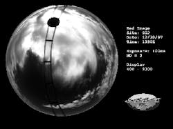 The top image is a whole-sky imager daytime image with clouds; the bottom image is a nighttime image with thin clouds. At the center of both is the zenith; the edge is the horizon. The top image is a whole-sky imager daytime image with clouds; the bottom image is a nighttime image with thin clouds. At the center of both is the zenith; the edge is the horizon.