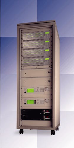 FIGURE 4. Chip-on-carrier and packaged laser diode burn-in tests are performed in rack-mounted, computer-controlled test platform that includes diode fixturing and all associated current-driver, temperature-control, and data-acquisition electronics. FIGURE 4. Chip-on-carrier and packaged laser diode burn-in tests are performed in rack-mounted, computer-controlled test platform that includes diode fixturing and all associated current-driver, temperature-control, and data-acquisition electronics.