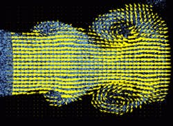 Particle imaging velocimetry techniques can be used to freeze and visualize the steady-state flow leaving a jet. The magnitude of the velocity is represented by the length of arrows that point in the direction of flow. Individual seeding particle images are visible as a grainy background. Particle imaging velocimetry techniques can be used to freeze and visualize the steady-state flow leaving a jet. The magnitude of the velocity is represented by the length of arrows that point in the direction of flow. Individual seeding particle images are visible as a grainy background.