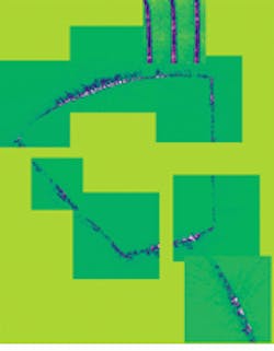 FIGURE 1. Images of the evanescent field in a III-V waveguide derived from NSOM measurements provide an accurate (.1 µm) measure of the mode profile in the direction perpendicular to the propagation axis and show a modulation of the optical intensity along this direction. Local losses corresponding to fields propagating out of the guide can be correlated to topographic features. FIGURE 1. Images of the evanescent field in a III-V waveguide derived from NSOM measurements provide an accurate (.1 µm) measure of the mode profile in the direction perpendicular to the propagation axis and show a modulation of the optical intensity along this direction. Local losses corresponding to fields propagating out of the guide can be correlated to topographic features.