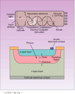 FIGURE 1. In a photomultiplier tube (top), electrons are accelerated between electrodes (dynodes) inside vacuum envelope. Each energized electron releases multiple electrons upon impact with the next dynode. A PIN photodiode (bottom) is a simple semiconductor junction in which incident photons are converted into charge carriers (electrons and holes). FIGURE 1. In a photomultiplier tube (top), electrons are accelerated between electrodes (dynodes) inside vacuum envelope. Each energized electron releases multiple electrons upon impact with the next dynode. A PIN photodiode (bottom) is a simple semiconductor junction in which incident photons are converted into charge carriers (electrons and holes).