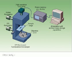 FIGURE 3. A high-resolution CCD array can record the image from a high-resolution optical microscope. In this system, the output from a conventional epi-illuminated fluorescence microscope is first transferred to a frame memory and display unit that controls the array time constants and converts the pulse train from the CCD array to an image that is suitable for analysis using a dedicated workstation. FIGURE 3. A high-resolution CCD array can record the image from a high-resolution optical microscope. In this system, the output from a conventional epi-illuminated fluorescence microscope is first transferred to a frame memory and display unit that controls the array time constants and converts the pulse train from the CCD array to an image that is suitable for analysis using a dedicated workstation.