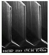 FIGURE 2. Interference lithography, in which two or more coherent wavefronts interfere to produce a high-resolution periodic pattern suitable for exposure in photoresist, can be used to create features with pitch of a wavelength or less. Silicon quantum walls (top) are 40 nm wide on a 380-nm pitch. Quantum wires (bottom), also of silicon, are 20 nm in diameter. FIGURE 2. Interference lithography, in which two or more coherent wavefronts interfere to produce a high-resolution periodic pattern suitable for exposure in photoresist, can be used to create features with pitch of a wavelength or less. Silicon quantum walls (top) are 40 nm wide on a 380-nm pitch. Quantum wires (bottom), also of silicon, are 20 nm in diameter.