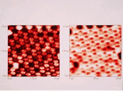 NSOM (near-field scanning optical microscope) image of 10-nm-high aluminum islands deposited on a glass substrate (left) has much greater resolution than image made with a traditional diffraction-limited optical microscope (right). NSOM (near-field scanning optical microscope) image of 10-nm-high aluminum islands deposited on a glass substrate (left) has much greater resolution than image made with a traditional diffraction-limited optical microscope (right).