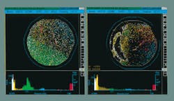 Polystyrene spheres, 0.496 mm in diameter, were deposited on the left half of a polished wafer and then scanned using circular polarization (left). The histogram at the bottom shows the detected size distribution of the spheres. The peak in the green area indicates that identical spheres are being detected as uniformly sized. The same wafer was scanned using linear polarization (right). Because linear polarization is unable to eliminate the effect of nonuniform film thickness, identical spheres in different locations have been detected as widely distributed in size. As a result, the green area of the histogram at the bottom has no peak. Polystyrene spheres, 0.496 mm in diameter, were deposited on the left half of a polished wafer and then scanned using circular polarization (left). The histogram at the bottom shows the detected size distribution of the spheres. The peak in the green area indicates that identical spheres are being detected as uniformly sized. The same wafer was scanned using linear polarization (right). Because linear polarization is unable to eliminate the effect of nonuniform film thickness, identical spheres in different locations have been detected as widely distributed in size. As a result, the green area of the histogram at the bottom has no peak.