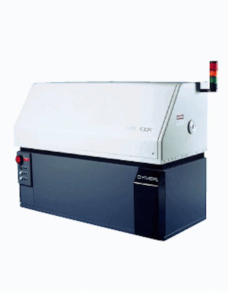FIGURE 1. The Cymer HPL-100K excimer laser typifies the current generation of systems designed to address high-volume manufacturing applications and has recently been used to produce the vias (right) in Hewlett-Packard printer heads (middle).
