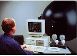FIGURE 1. Diode-array-based spectral-lamp-measurement system determines flux and color temperature for strong emission-line light sources such as high-density discharge street lamps or compact fluorescent lights. The lamp under test is placed in the integrating sphere at the right. FIGURE 1. Diode-array-based spectral-lamp-measurement system determines flux and color temperature for strong emission-line light sources such as high-density discharge street lamps or compact fluorescent lights. The lamp under test is placed in the integrating sphere at the right.