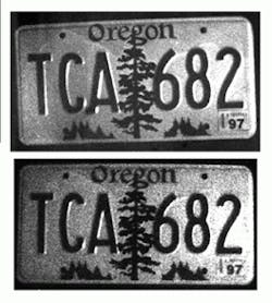 License plate images reveal how the EBCCD imager (top) outperforms conventional ICCD imager in low-light-level surveillance applications. License plate images reveal how the EBCCD imager (top) outperforms conventional ICCD imager in low-light-level surveillance applications.