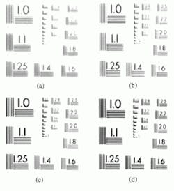 FIGURE 3. White-light images of resolution bar targets taken with a plano-convex refractive singlet (a), a diffractive/refractive hybrid lens with 87% diffractive efficiency (b), a hybrid lens with 98% diffractive efficiency (c), and a conventional refractive achromat (d) demonstrate that the high-efficiency hybrid lens offers performance comparable to the more expensive doublet. FIGURE 3. White-light images of resolution bar targets taken with a plano-convex refractive singlet (a), a diffractive/refractive hybrid lens with 87% diffractive efficiency (b), a hybrid lens with 98% diffractive efficiency (c), and a conventional refractive achromat (d) demonstrate that the high-efficiency hybrid lens offers performance comparable to the more expensive doublet.