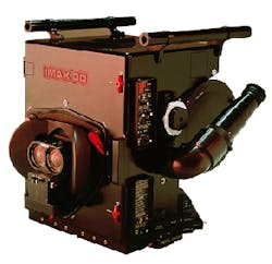 Combining left-eye and right-eye recording capabilities in a single housing, the 26 &times; 22 &times; 35-in. IMAX 3D camera weighs approximately 228 lb when loaded with film. The viewfinder (right) is adjustable through almost 130&deg;.