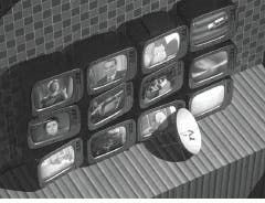 Hologram of 12 stacked television sets was computer rendered with 300 separate perspective images—a matrix of 20 along the horizontal axis and 15 along the vertical. One image (top) is a perspective from the upper left and the other (bottom) shows a head-on view. The finished hologram is a solid-appearing 3-D image having horizontal and vertical parallax. In addition, a holographic stereogram was formed by 'inserting' 15 frames of digitized video into each television. Thus, the viewer can 'watch' the videos by tilting the hologram vertically and can 'move around' the sets by tilting side to side. This image took 40 hours to render on two Silicon Graphics machines. Hologram of 12 stacked television sets was computer rendered with 300 separate perspective images—a matrix of 20 along the horizontal axis and 15 along the vertical. One image (top) is a perspective from the upper left and the other (bottom) shows a head-on view. The finished hologram is a solid-appearing 3-D image having horizontal and vertical parallax. In addition, a holographic stereogram was formed by 'inserting' 15 frames of digitized video into each television. Thus, the viewer can 'watch' the videos by tilting the hologram vertically and can 'move around' the sets by tilting side to side. This image took 40 hours to render on two Silicon Graphics machines.