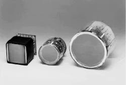 Position-sensitive photomultiplier tubes offer enhanced spatial sensitivity for applications such as positron-emission-tomography scanning. One type of device has grid dynodes and cross-wire anodes (left); packages include 3-in. circular (12 dynodes and 16 x and 16 y anodes), 3-in. square (12 dynodes and 16 x and 18 y anodes), and 5-in. circular (12 dynodes and 28 x and 28 y anodes). Alternate configuration includes 3-in.-square package with fine-mesh dynodes and 8 × 8 multianode (right). Position-sensitive photomultiplier tubes offer enhanced spatial sensitivity for applications such as positron-emission-tomography scanning. One type of device has grid dynodes and cross-wire anodes (left); packages include 3-in. circular (12 dynodes and 16 x and 16 y anodes), 3-in. square (12 dynodes and 16 x and 18 y anodes), and 5-in. circular (12 dynodes and 28 x and 28 y anodes). Alternate configuration includes 3-in.-square package with fine-mesh dynodes and 8 × 8 multianode (right).