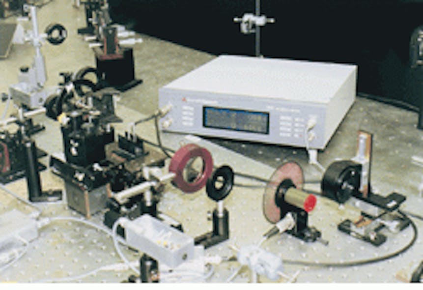 FIGURE 1. Recovery of femtosecond signals in transient absorption spectroscopy is done with a dual-phase lock-in amplifier at the Rutherford Appleton Laboratory (Oxfordshire, England). A pulsed-source laser beam is passed through a rotating chopper (right foreground) before being split into a reference and sample probe beams. Ratio of the intensity of the reference beam to that passing through the sample is then determined.