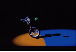 FIGURE 1. Laser scanning is used in the motion-picture industry to print digital computer-animation sequences directly onto film masters, a process used in making the film Toy Story. A triwavelength (RGB) beam is scanned across the film, with each component modulated for the proper film exposure and color rendition. FIGURE 1. Laser scanning is used in the motion-picture industry to print digital computer-animation sequences directly onto film masters, a process used in making the film Toy Story. A triwavelength (RGB) beam is scanned across the film, with each component modulated for the proper film exposure and color rendition.