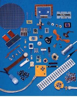 FIGURE 1. Photodiodes are fabricated as 4-in. silicon wafers (top left), then cut into small pieces in a variety of package designs to meet specific requirements for mounting, environmental sealing, and the shape and dimensions of the exposed area. Among the designs shown here are a 40-element array mounted on a ceramic substrate with a flexible circuit connector (top center), a detector/filter combination (right, third from top with flexible orange circuit), a fully immersible UV detector (bottom left with black pigtail), and a 56-channel x-ray detector (left, second from top). FIGURE 1. Photodiodes are fabricated as 4-in. silicon wafers (top left), then cut into small pieces in a variety of package designs to meet specific requirements for mounting, environmental sealing, and the shape and dimensions of the exposed area. Among the designs shown here are a 40-element array mounted on a ceramic substrate with a flexible circuit connector (top center), a detector/filter combination (right, third from top with flexible orange circuit), a fully immersible UV detector (bottom left with black pigtail), and a 56-channel x-ray detector (left, second from top).