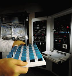 Right-angle prisms with a polarizing beamsplitting coating will be assembled face-to-face to form beamsplitter cubes in distance-measuring interferometers from Zygo Corp. (Middlefield, CT). Right-angle prisms with a polarizing beamsplitting coating will be assembled face-to-face to form beamsplitter cubes in distance-measuring interferometers from Zygo Corp. (Middlefield, CT).