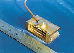 FIGURE 3. Diode-pumped Nd:YAG lasers can be handled by compact fused-silica acoustic-optic Q-switches, such as this one that operates at 80 MHz and has a 1-mm aperture. FIGURE 3. Diode-pumped Nd:YAG lasers can be handled by compact fused-silica acoustic-optic Q-switches, such as this one that operates at 80 MHz and has a 1-mm aperture.