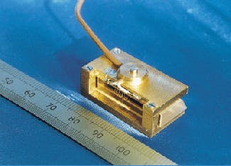 FIGURE 3. Diode-pumped Nd:YAG lasers can be handled by compact fused-silica acoustic-optic Q-switches, such as this one that operates at 80 MHz and has a 1-mm aperture.