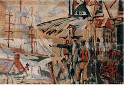 FIGURE 2. Krypton fluoride and argon fluoride excimer lasers have removed aged varnish (lighter areas) a few microns thick from this painting without damaging the art itself. FIGURE 2. Krypton fluoride and argon fluoride excimer lasers have removed aged varnish (lighter areas) a few microns thick from this painting without damaging the art itself.