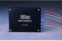 The development of wavelength division multiplexing (WDM) is spawning a wide range of components such as this Add/Drop WDM cassette. Standard pigtailed package combines two three-port filter wavelength division multiplexers for use with 1310-,1480-, 1510-, or 1625-nm signals to bypass a fiber amplifier or regenerator. The development of wavelength division multiplexing (WDM) is spawning a wide range of components such as this Add/Drop WDM cassette. Standard pigtailed package combines two three-port filter wavelength division multiplexers for use with 1310-,1480-, 1510-, or 1625-nm signals to bypass a fiber amplifier or regenerator.