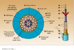 FIGURE 2. Multilayered fiberoptic cable for deep-sea installation has optical fiber at the core, steel support wires, and an outer sheath of polyethylene. Cable for shallow installation is double-armored to protect it from hazards such as ship anchors. FIGURE 2. Multilayered fiberoptic cable for deep-sea installation has optical fiber at the core, steel support wires, and an outer sheath of polyethylene. Cable for shallow installation is double-armored to protect it from hazards such as ship anchors.