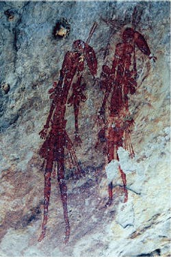 Grains of sand from age-hardened mud-wasp nests (top left) have enabled scientists in Western Australia to fix the minimum age of the 'Bradshaw' rock paintings at 17,000 years using optically stimulated luminescence with an argon-ion laser. Grains of sand from age-hardened mud-wasp nests (top left) have enabled scientists in Western Australia to fix the minimum age of the 'Bradshaw' rock paintings at 17,000 years using optically stimulated luminescence with an argon-ion laser.