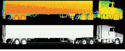 FIGURE 1. The Autosense II images vehicles for traffic-pattern monitoring. False color represents the range to the target (top); black and white, or intensity, image (bottom) shows strength of the received laser signal return from the vehicle. FIGURE 1. The Autosense II images vehicles for traffic-pattern monitoring. False color represents the range to the target (top); black and white, or intensity, image (bottom) shows strength of the received laser signal return from the vehicle.