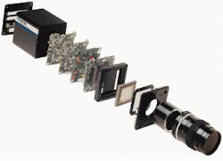 FIGURE 2. Main components in digital cameras are the CCD sensor, various boards that drive the CCD sensor, and the backplate, which provides interface to the power supply and frame grabber. FIGURE 2. Main components in digital cameras are the CCD sensor, various boards that drive the CCD sensor, and the backplate, which provides interface to the power supply and frame grabber.
