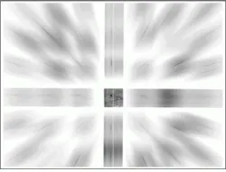 Center square of raw image taken with a computed-tomography imaging spectrometer is the result of direct imaging through a computer-generated holographic disperser and undergoes no dispersion. To produce the final image cube, software must map data from all diffraction orders into each voxel of the image cube, a computationally intensive task. (Image is shown in inverted contrast.) Center square of raw image taken with a computed-tomography imaging spectrometer is the result of direct imaging through a computer-generated holographic disperser and undergoes no dispersion. To produce the final image cube, software must map data from all diffraction orders into each voxel of the image cube, a computationally intensive task. (Image is shown in inverted contrast.)