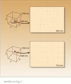 FIGURE 3. Focal-plane image of an individual voxel at 450 nm shows varying signal levels for each diffraction order, as determined by the CGH disperser (top). Diffraction pattern generated for a voxel at the same spatial location in the image but at 710 nm shows greater separation between diffraction orders, as well as differences in diffraction efficiency (bottom). (Images are shown in inverted contrast.) FIGURE 3. Focal-plane image of an individual voxel at 450 nm shows varying signal levels for each diffraction order, as determined by the CGH disperser (top). Diffraction pattern generated for a voxel at the same spatial location in the image but at 710 nm shows greater separation between diffraction orders, as well as differences in diffraction efficiency (bottom). (Images are shown in inverted contrast.)