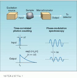 FIGURE 1. Two techniques are commonly used for time-resolved fluorescence measurements. Time-correlated photon counting looks directly at the time-dependent amplitude of the fluorescence emission after excitation with a pulse that is short-lived with respect to the decay. Phase- modulation spectroscopy determines the relevant decay parameters by measuring the change in phase delay and modulation index with respect to the frequency of a sinusoidally modulated excitation source. FIGURE 1. Two techniques are commonly used for time-resolved fluorescence measurements. Time-correlated photon counting looks directly at the time-dependent amplitude of the fluorescence emission after excitation with a pulse that is short-lived with respect to the decay. Phase- modulation spectroscopy determines the relevant decay parameters by measuring the change in phase delay and modulation index with respect to the frequency of a sinusoidally modulated excitation source.