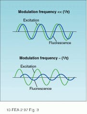 FIGURE 3. In a phase-modulation spectroscopy system, the modulation index and phase delay of the fluorescence change. At low modulation frequencies, the fluorescence tracks the excitation with a small phase delay (top). As the excitation modulation frequency approaches the inverse fluorescence lifetime (1/t), a larger phase delay and decreased modulation index are observed (bottom). At very high frequencies, the modulation index of the fluorescence signal approaches zero. FIGURE 3. In a phase-modulation spectroscopy system, the modulation index and phase delay of the fluorescence change. At low modulation frequencies, the fluorescence tracks the excitation with a small phase delay (top). As the excitation modulation frequency approaches the inverse fluorescence lifetime (1/t), a larger phase delay and decreased modulation index are observed (bottom). At very high frequencies, the modulation index of the fluorescence signal approaches zero.