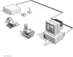FIGURE 1. Typical motion-control system consists of a PC-compatible motion-control card, motor driver cards, a computer, and various combinations of linear and rotary stages. FIGURE 1. Typical motion-control system consists of a PC-compatible motion-control card, motor driver cards, a computer, and various combinations of linear and rotary stages.