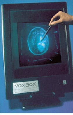 Transparent, life-size hologram of a person`s brain appears to hover in space inside a Voxgram. The three-dimensional light sculpture allows doctors to view abnormalities before surgery, even to place surgical instruments within the hologram itself.