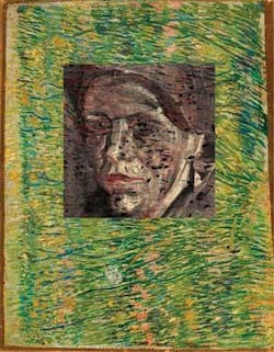 The face of a provincial Dutch woman with a covered head is visible in a tritonal color reconstruction of Sb (yellowish white) and Hg (red), underneath the existing 1887 Vincent van Gogh oil on canvas, Patch of Grass. Historians surmise that several years after he gave several original Head paintings to his brother, van Gogh may have come across them again, and painted a bright Parisian grassy landscape over the &ldquo;old-fashioned&rdquo; woman for financial reasons.