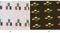 A microphotograph shows images of dichroic filters manufactured in a hybrid thin-film lithographic technique for a new, lower-cost megapixel multispectral imager. The filters can be custom designed to provide color images for low-light-level scenes (left) or for additional infrared filtering (right). Rectangular elements are 19 &times; 33 &micro;m in size.