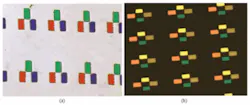 A microphotograph shows images of dichroic filters manufactured in a hybrid thin-film lithographic technique for a new, lower-cost megapixel multispectral imager. The filters can be custom designed to provide color images for low-light-level scenes (left) or for additional infrared filtering (right). Rectangular elements are 19 × 33 µm in size.